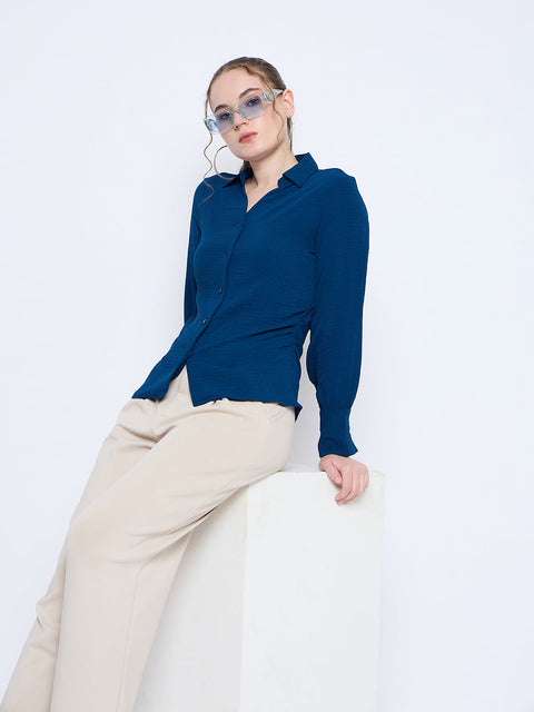 Madame Button Down Wing Necked Side Ruched Solid Teal Shirt