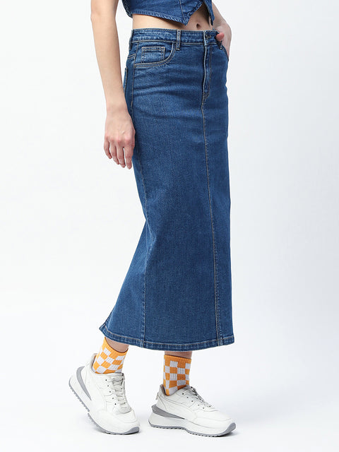 Madame Solid Mid Blue Cotton Blend Maxi Denim Skirt