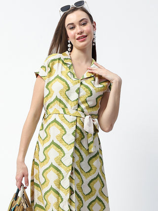 Madame Printed and Belted Green Midi Shirt Dress