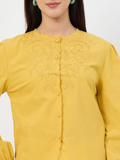 Madame Amber Haze Embroidered Puff-Sleeve Cotton Top