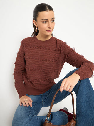 Madame Fringe Textured Chocolate Brown Cotton Sweater