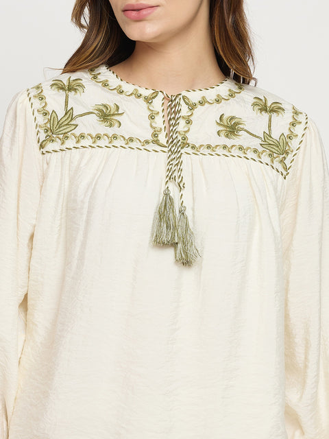 Madame Off White Viscose Embroidered Round Neck Puff Sleeve Tunic Top