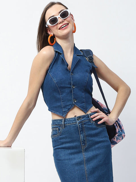 Madame Button-Down Dark Blue Halter Denim Crop Top