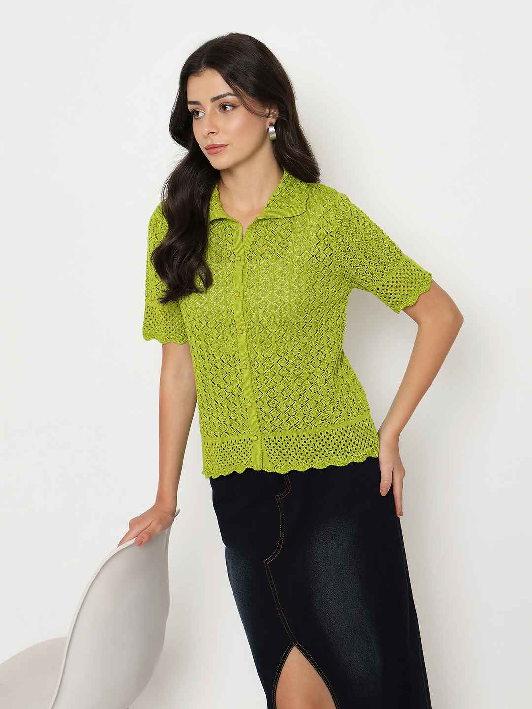 Madame Scalloped Hem Mehendi Green Knitted Polo Top color swatch