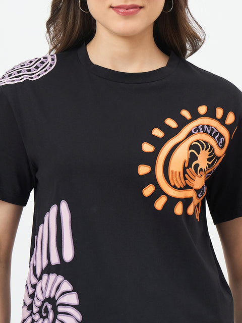 Madame Black Cotton Slim-Fit Half-Sleeve T-Shirt