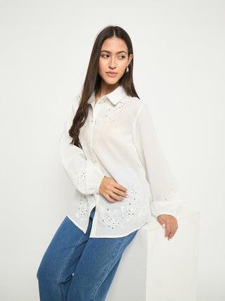 Madame Embroidered and Ruffle Trim Detailed White Cotton Shirt