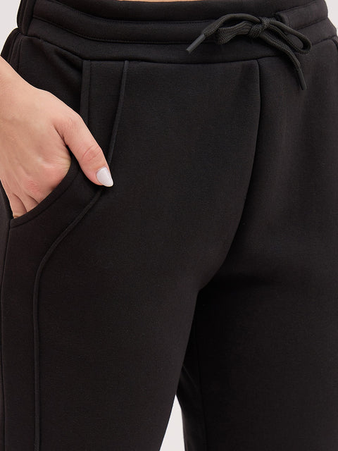 Madame Black Cotton Track Pants with Drawstring