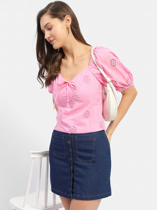 Madame Sweetheart Neck Pink Schiffli Top