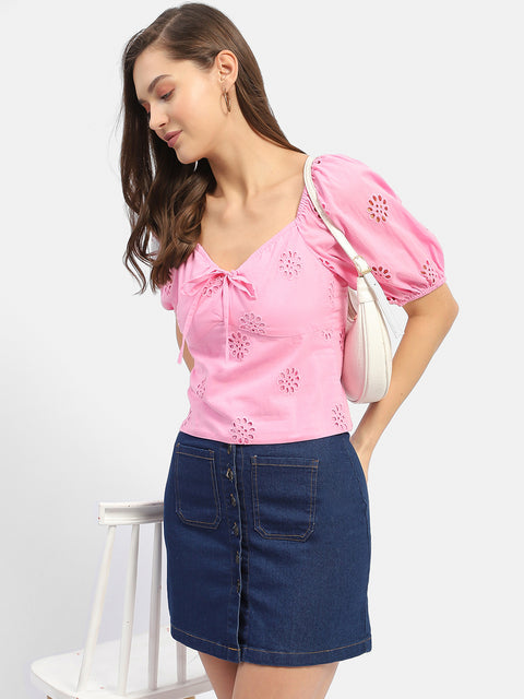 Madame Sweetheart Neck Pink Schiffli Top