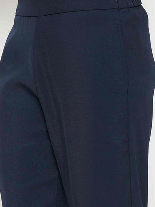 Madame Solid Straight Fit Navy Blue Trousers