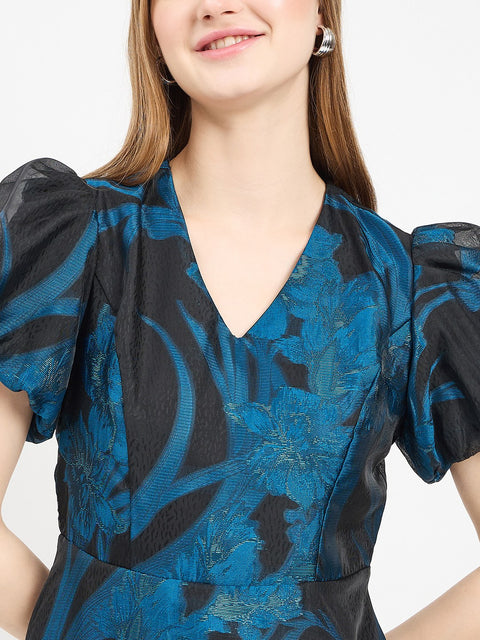 Madame Textured Teal Flared Dress