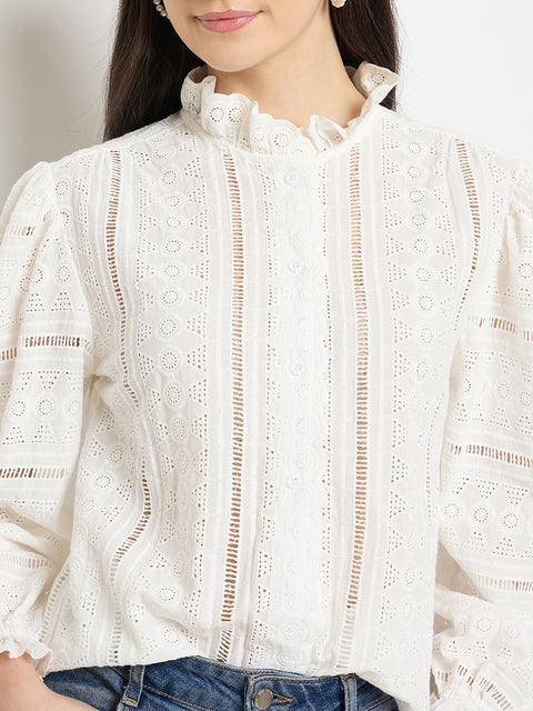 Madame Off White Lace Detailed Cotton Top