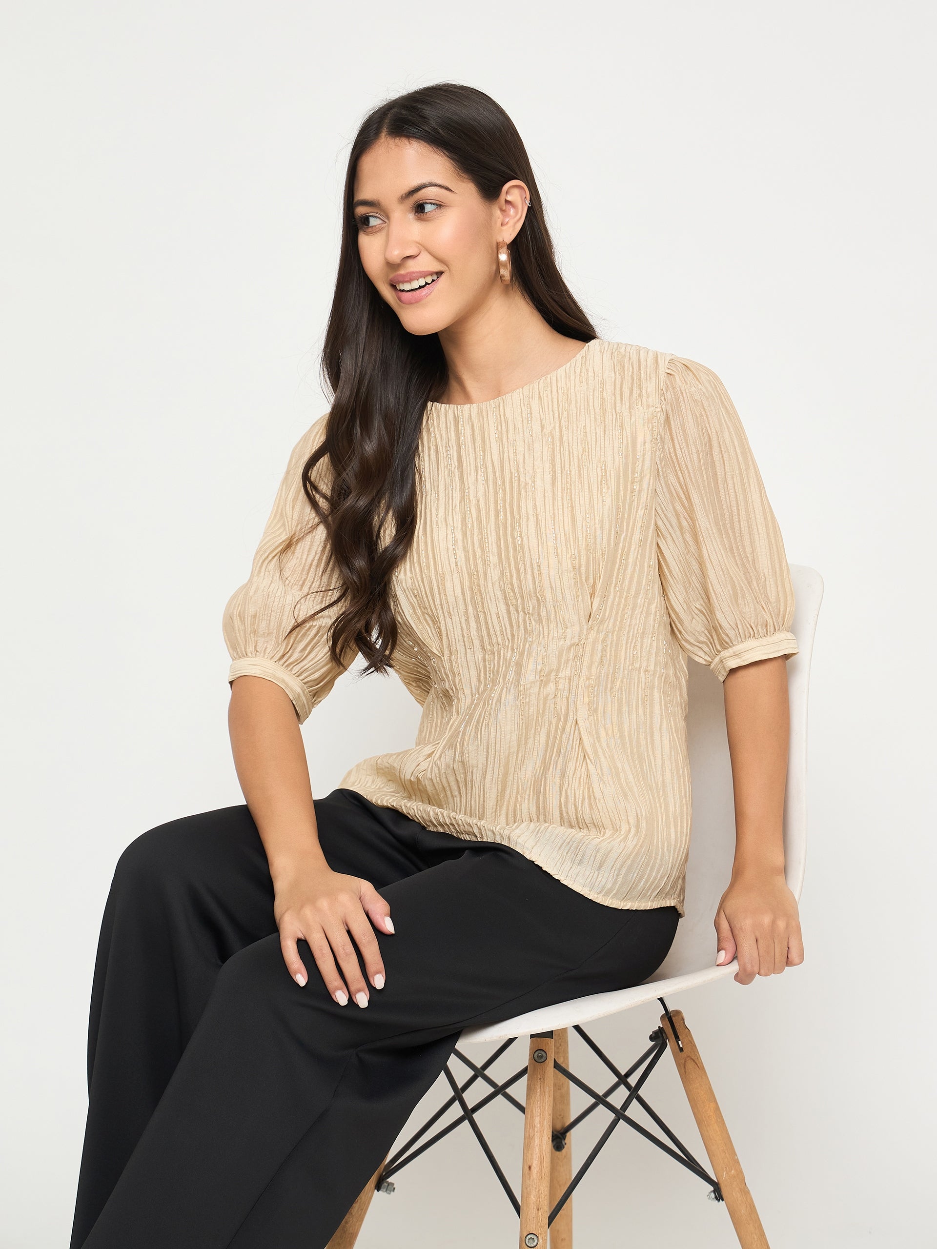 Madame Textured Embellished Tencel Blend Beige Top color swatch