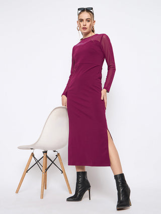 Madame Swarovski Detailed Solid Plum Round Neck Knitted Maxi Dress