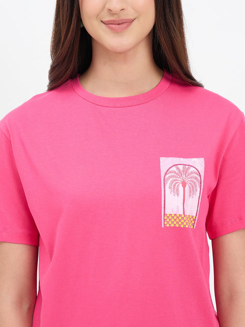 Madame Hot Pink Cotton Printed Half-Sleeve T-Shirt