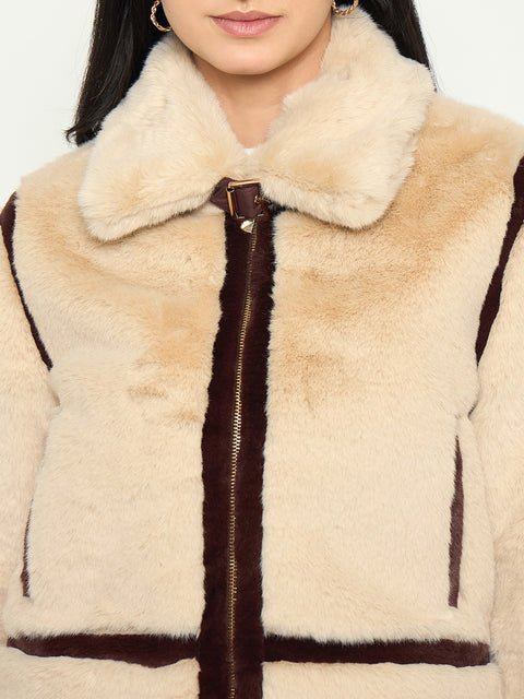 Madame Faux Fur Trim Beige Jacket with Contrast Seasms