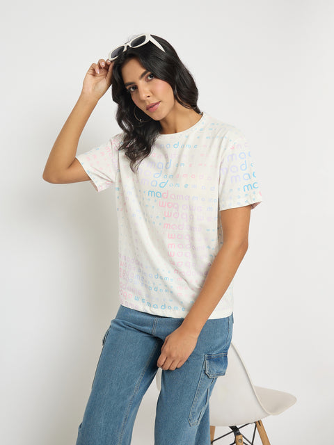Madame All Over Print White Cotton T-shirt