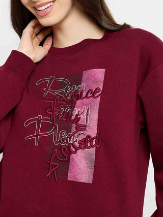 Madame Typography Printed Wine Red Pullover Sweatshirt