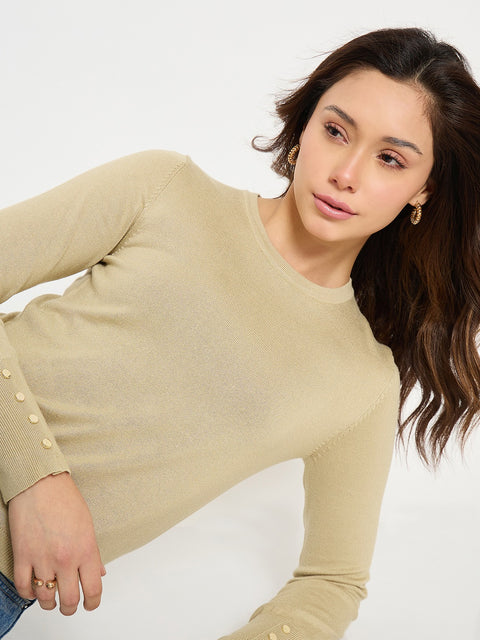 Madame Beige Solid Sweater with Cuff Sleeves