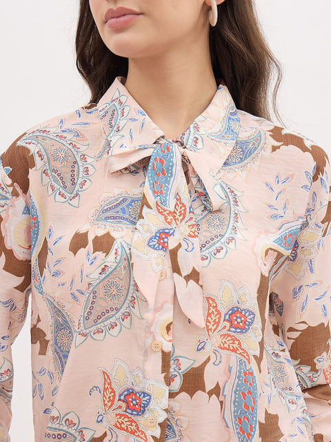 Madame Pink Paisley Print Shirt With Neck Tie