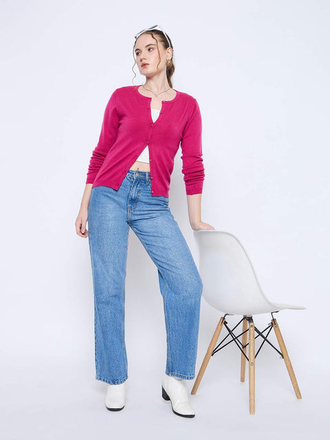 Madame Crew Neck Button Down Fuschia Cardigan