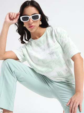 Madame Swarovksi Detailed Tie and Dye Sea Green T-shirt