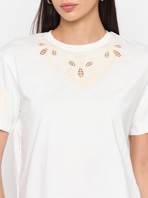 Madame White Cotton Embroidered Half-Sleeve Top