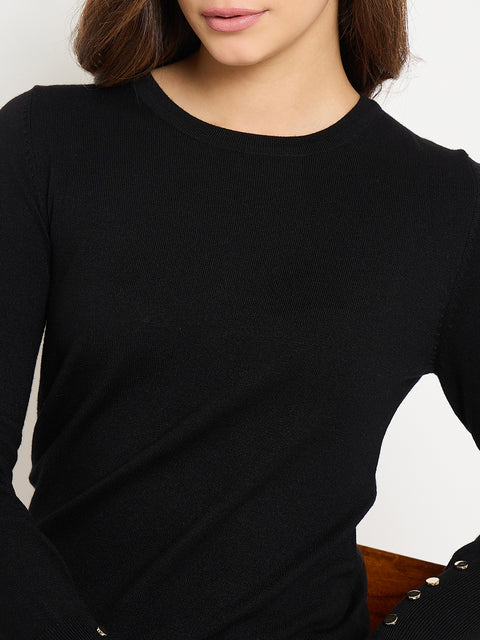 Madame Black Solid Sweater with Cuff Sleeves