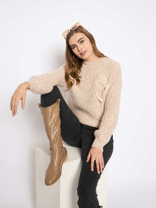 Madame Flower Applique Beige Sweater