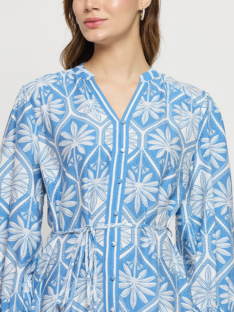 Madame Blue Printed Rayon Mandarin Collar Midi Dress