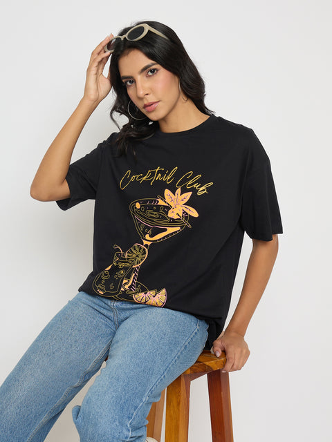 Madame Graphic Print Black Cotton T-shirt