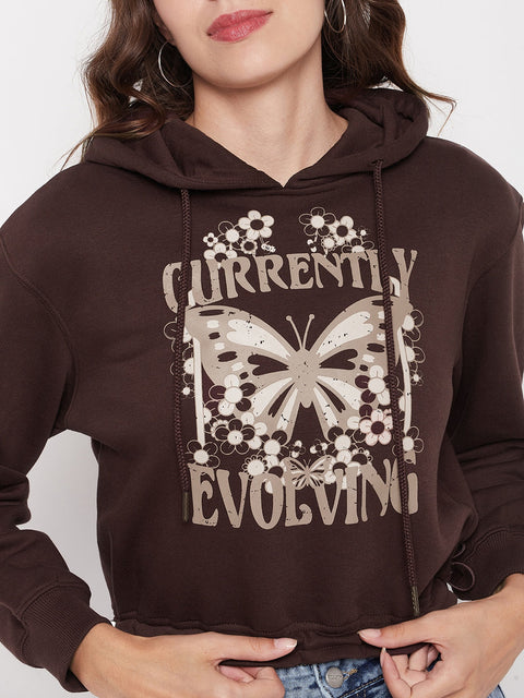 Madame Printed Coffee Brown Crop Sweatshirt