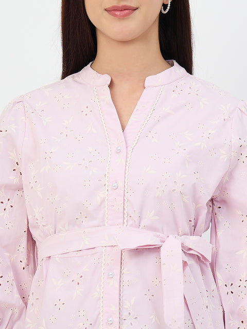 Madame Pink Belted Cotton Mandarin-Collar Top