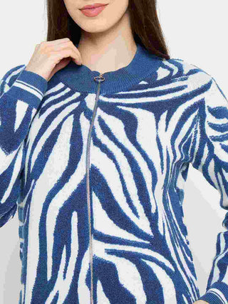 Madame Animal Print Zip Blue Sweater