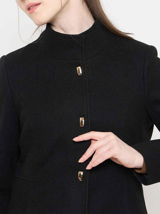 Madame Black Long Coat with Stand Collar and Buttons