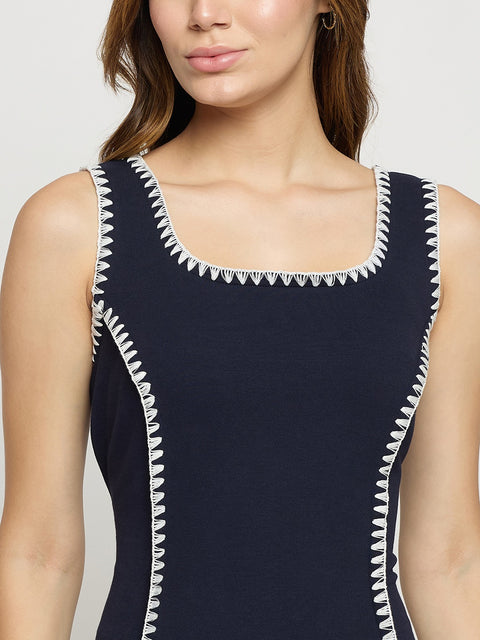 Madame Navy Rayon Blend Sleeveless Fit and Flare Mini Dress