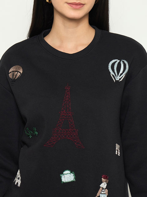 Madame Printed Black Sweatshirt with Crew Neckline