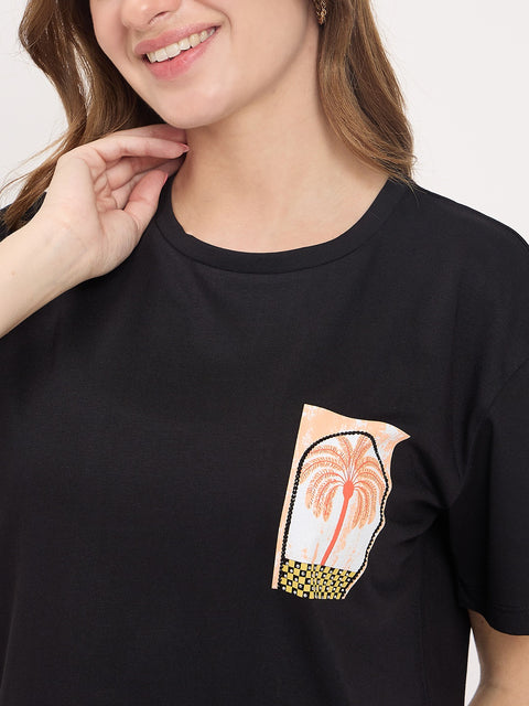 Madame Black Printed Cotton Round Neck T-Shirt