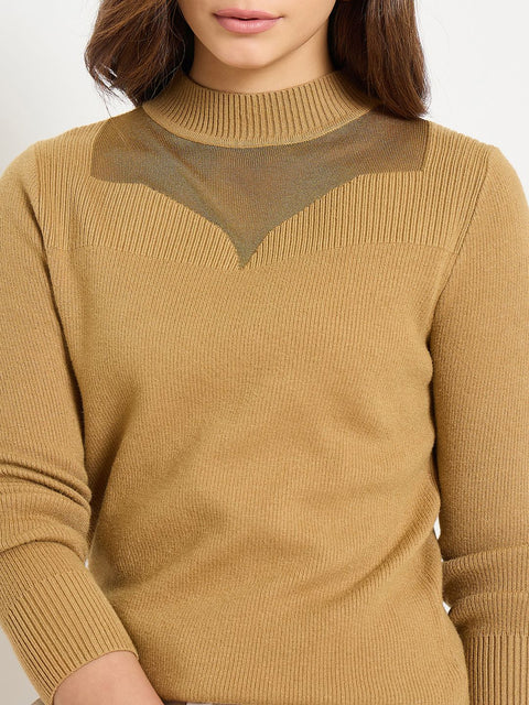 Madame Mock Neck Solid Mustard Yellow Sweater