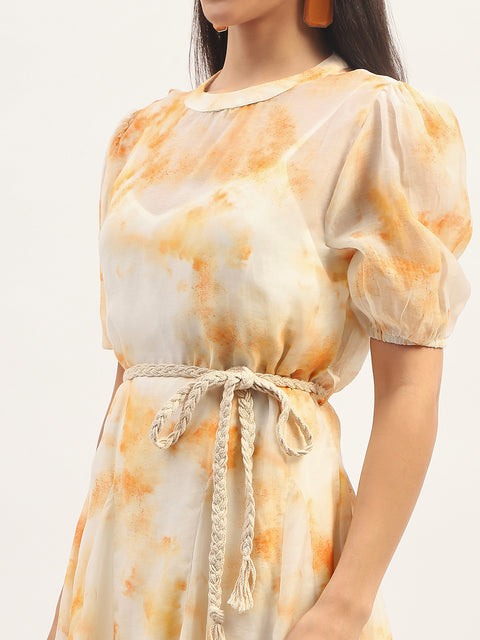 Madame Tie Dye Belted Orange Rayon Blend Mini Dress