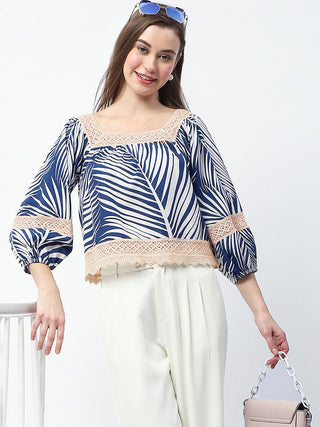 Madame Botanical Print Cotton Blend Navy Blue Top