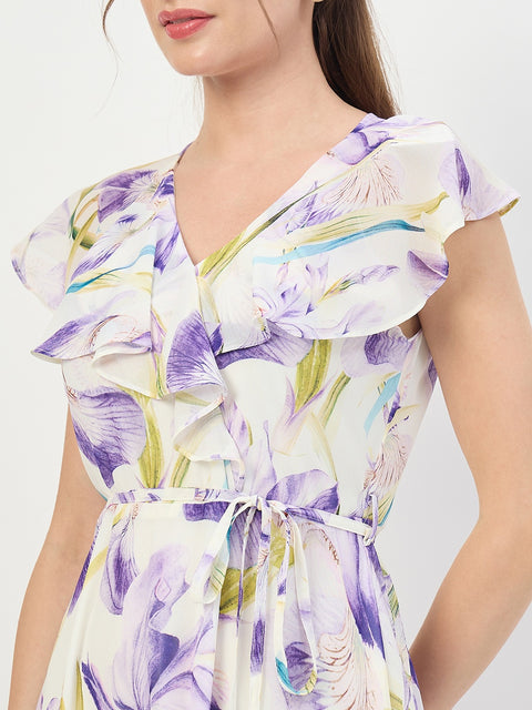 Madame Purple Printed Ruffle Sleeve Midi Dress