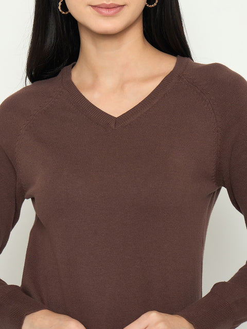 Madame V Neck Coffee Brown Solid Sweater