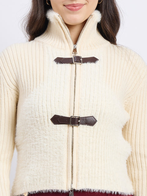 Madame Bow Accented High Neck Beige Sweater