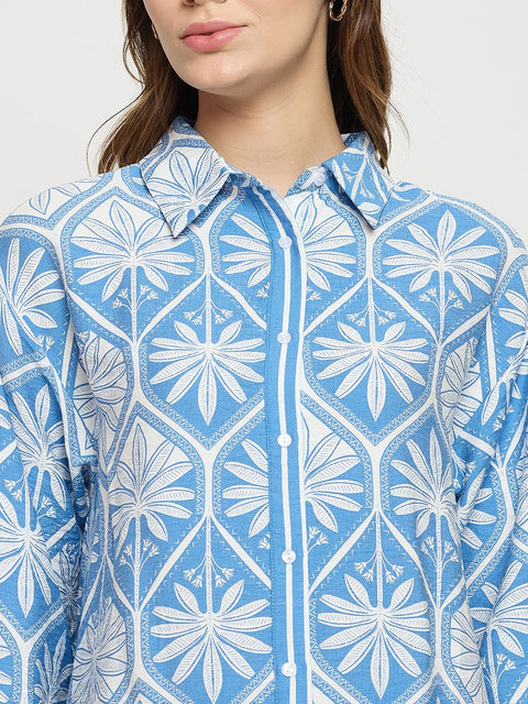 Madame Blue Printed Rayon Full Sleeve Shirt