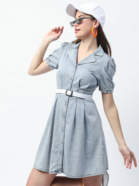 Madame Pintuck Detailed Light Blue Mini Denim Dress