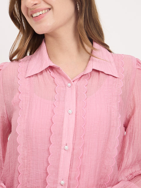 Madame Pink Lace Detail Lyocell Puff Sleeve Shirt