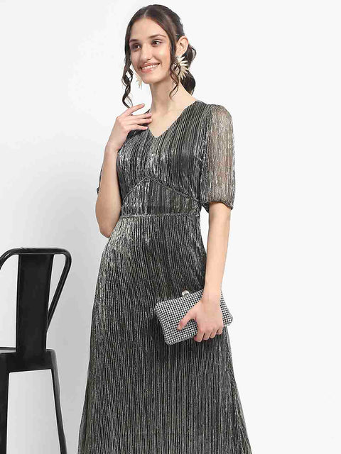 Madame Shimmery Corset Detailed Puff Sleeved Black Midi Dress