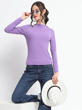 Madame High Neck Full Sleeve Solid Purple Top