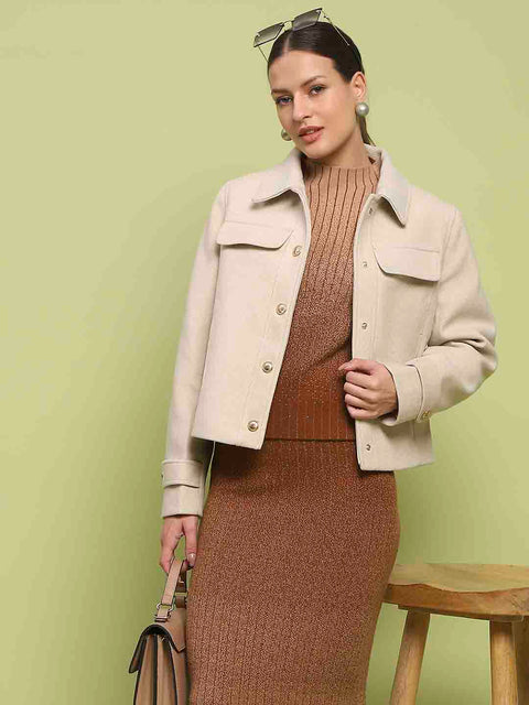 Madame Button Down Collared Off White Short Coat